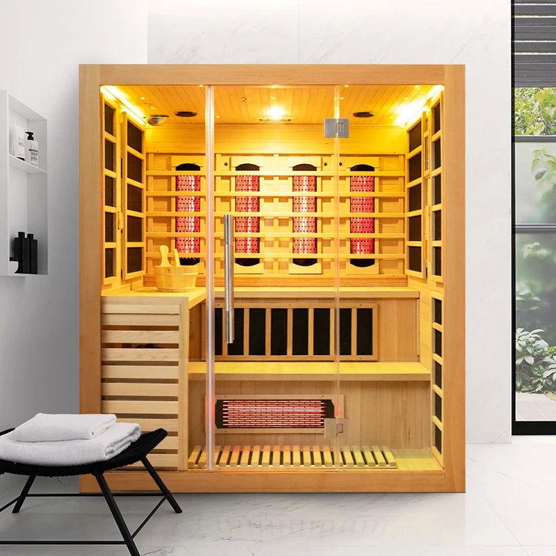 Household solid wood sweat room sauna room double system dry steaming far infrared health custom volcanic stone light wave physi - Steam Soothe