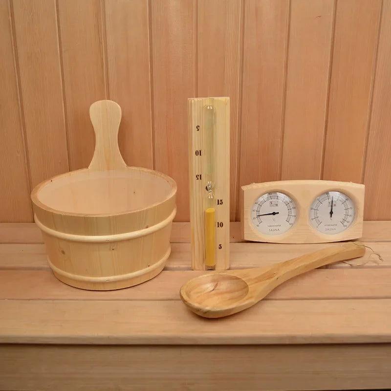 Sauna Wooden Bucket Set Portable Sauna Room Accessory Tools Steam Room Accessories Hourglass Hygrometer Four Sets - Steam Soothe