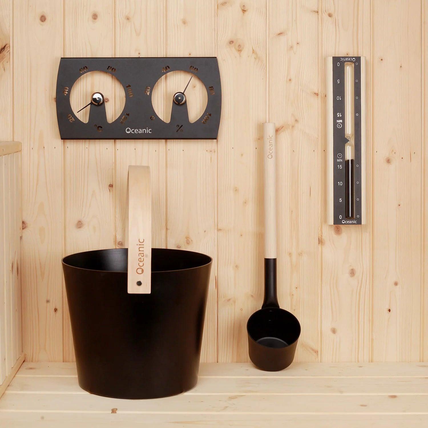 Luxury sauna accessories kit, sauna barrel, hourglass, thermometer and hygrometer - Steam Soothe 